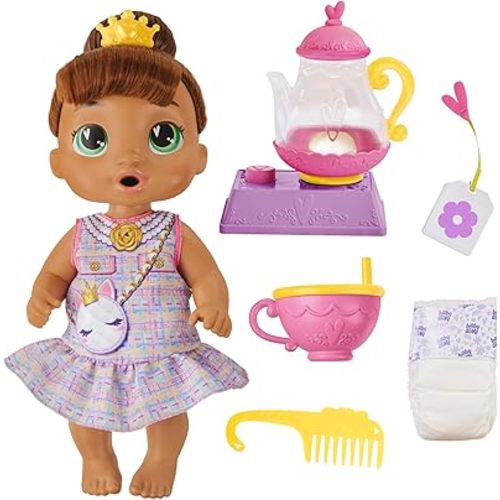 Baby Alive Bubbly Tea Party Sophia Sparkle Doll with Teapot Accessories, Brown Hair, 11 Inches, Toys for 3 Year Old Girls and Boys & Up