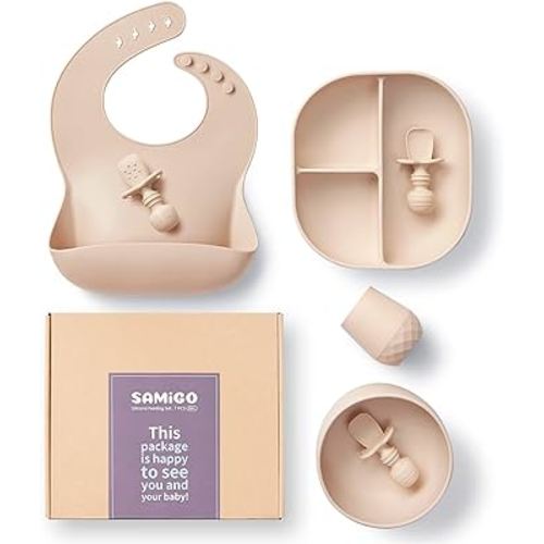 SAMiGO Silicone Baby Feeding Set, Baby Led Weaning Supplies, Suction Plate, Bowl, Spoons, Food Bib, Cup, First Stage Self Eating Utensils, 6+ Months