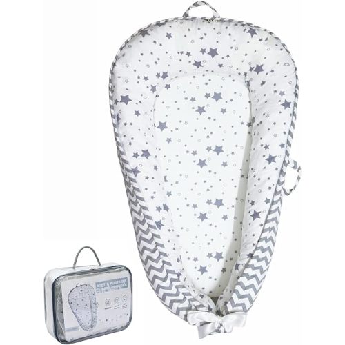 Baby Lounger | Organic Cotton Infant Lounger | Reversible, Adjustable & Portable Floor Lounger |Supervised Use | Soft, Breathable, Washable Cover - Star Collection (Gray)