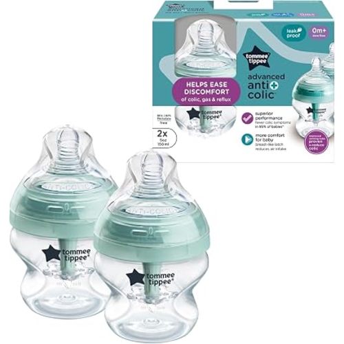 Tommee Tippee Advanced Anti-Colic 5 oz BPA Free Baby Bottles, Newborn 0+ Months, Slow Flow Breast-Like Nipple, Unique Design Keeps Air Away from Milk and Baby, Clear, Pack of 2