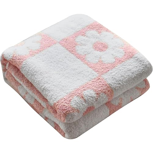 Ultra Soft Cozy Checkered Sunflower Knitted Throw Blanket Fluffy Microfiber Checkerboard Bed Blanket Lightweight Both Sides Throw Blanket for Couch Sofa Bed 50"X60" Pink¡­