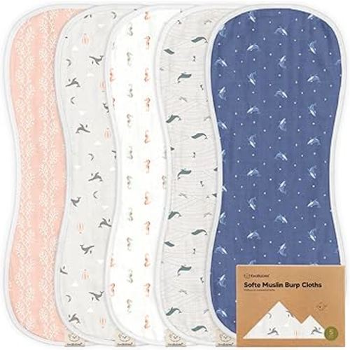 5-Pack Muslin Burp Cloths Baby Boy, Girl - Very Absorbent Baby Burp Cloth Rags, 8-Layers Viscose Derived from Bamboo Cotton Muslin Towel, Super Soft Spit Up Rags, No Shrink Washcloths (Marine Muse)