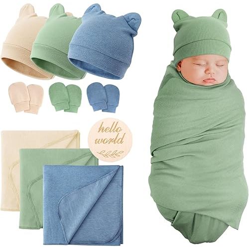 AQOKKA 3 Sets Cotton Baby Swaddle Blankets Wrap with Cute Bear Ears Hats Elastic Mittens Wooden Birth Announcement Card Soft Nursery Receiving Swaddles for Newborn Infant Girl Boy 0-3 Months