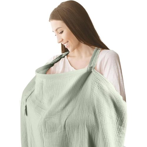 Muslin Nursing Cover for Breast Feeding- Allows Hands-Free Baby Check, 100% Cotton, Featuring Windproof Straps, Includes A Small Potable Storage Pocket, Baby Breast Feeding Must Haves