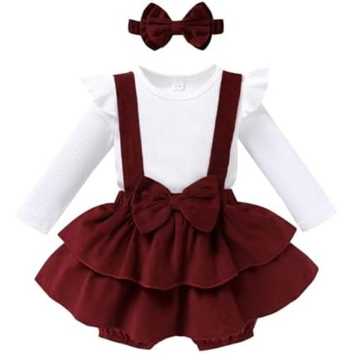 YOUNGER TREE Baby Girl Clothes Winter Outfit Long Sleeve Romper Newborn Fall Corduroy Suspender Skirt Set with Headband
