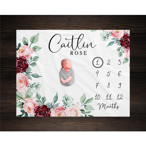 Rose Milestone Blanket For Baby Girl, Floral Growth Track Blanket, Monthly Baby Photo Prop, Rose Theme Baby Shower Gift, Newborn Photo GM03