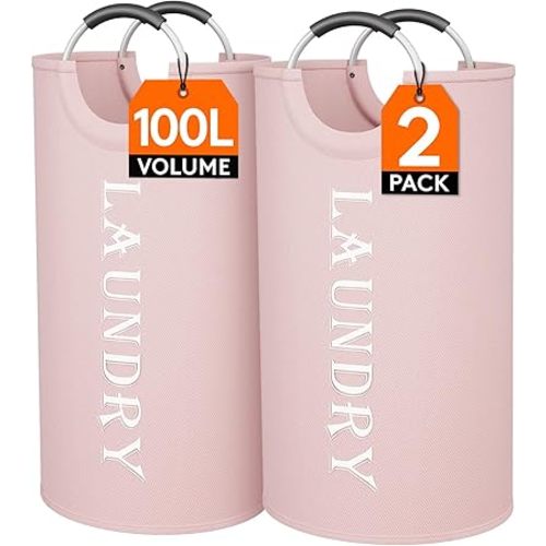 Lifewit 100L 2-Pack Large Laundry Basket, Collapsible Laundry Hamper with Aluminum Handles, Waterproof Freestanding Dirty Clothes Hampers for Laundry Room Bedroom Dorm Bathroom, Pink