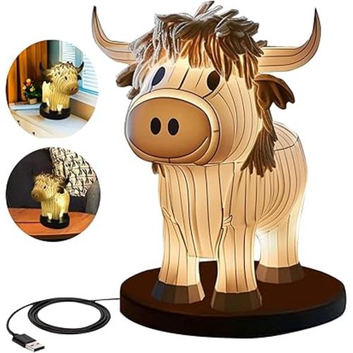 Cow Table Lamp, Small Animal Night Light, Highland Yak Table Lamp with USB, Portable Bedside Lamp Living Room Bedroom Painted Cow Ornaments, Bedside Lamp Gift for Girl Mom (Highland Yak)