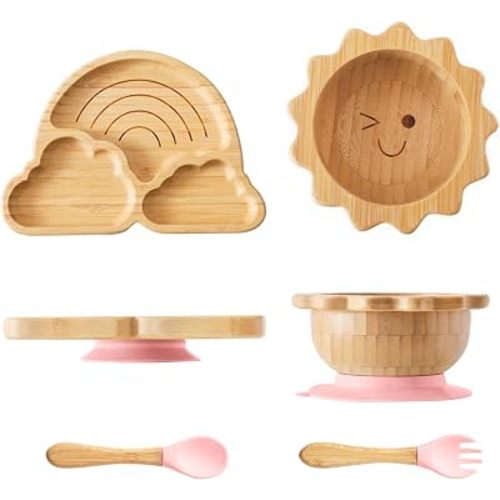let's make Bamboo Suction Plates Bowls Set for Baby Toddler Divided Platter Food bowl with Silicone Fork & Spoon All-Natural Baby Feeding Set for Baby-Led Weaning, Non-Slip Design