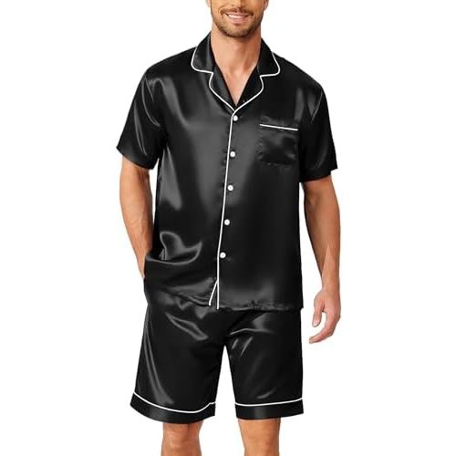 Ekouaer Mens Pajamas Set Silk Satin Sleepwear Short Sleeve Button Down Pjs Set 2 Piece Loungewear with Pockets S-XXL