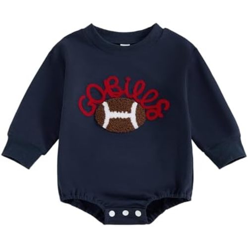 Newborn Baby Boy Girl Football Bubble Romper Rugby Go Bills Embroidered Crewneck Long Sleeve Sweatshirt Fall Clothes