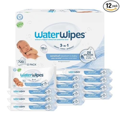 WaterWipes Sensitive+ Newborn & Baby Wipes, 3-In-1 Cleans, Cares, Protects, 99.9% Water, Unscented & Hypoallergenic, 720 Count (12 Packs)