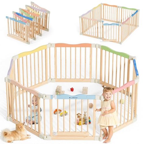 Foldable Wooden Playpen - Adjustable Wood Baby Play Yard with Child-Proof Lock, Indoor Large Safety Fence for Babies and Toddlers - Easy Assembly, 8 Panels, Colorful Sweet Candy