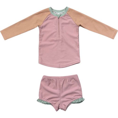 Girl's Zip Rash Guard Swimsuit Mauve Colorblock - Babysprouts | Maisonette