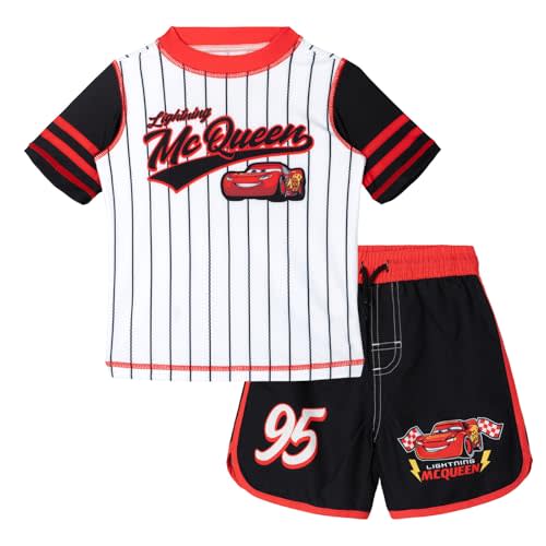 Disney Cars Boys' 2-Piece Rash Guard and Swim Trunks Set | UPF 50+ Sun Protection, Short Sleeve Rash Guard, Elastic Waist Trunks, Built-In Mesh Liner