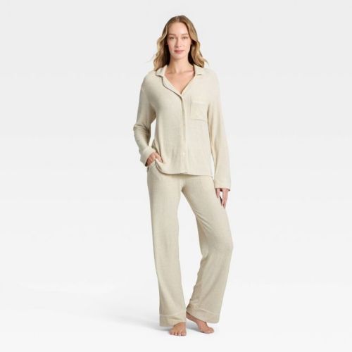 Women's Cozy Ribbed Notch Collar Long Sleeve Shirt and Pants Pajama Set - Auden™