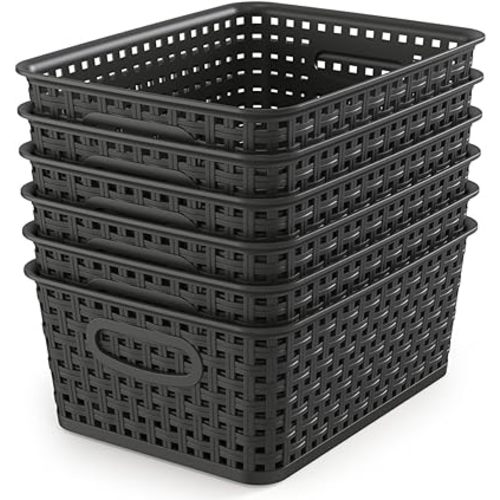 WYT Woven Storage Organizer Basket, 6-Pack Black Plastic Weave Baskets, 10.1 x 7.55 x 4.1