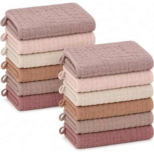 SWEET DOLPHIN 12 Pack Baby Muslin Washcloths - Face Cloths for Newborn, Absorbent Bath Wash Cloths, Wipes, Burp Rag - Toddlers Essentials Stuff, Baby Registry as Shower -10"x10", Neutral Retro