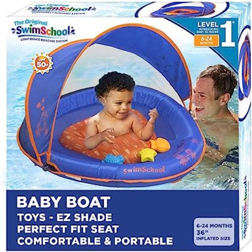 SwimSchool Infant Baby Pool Floats, Free Swimming, Super Buoyant – Ages 6-24 Months – Multiple Colors/Styles – Adjustable Canopies and Seats, Splash & Play Baby Floaties
