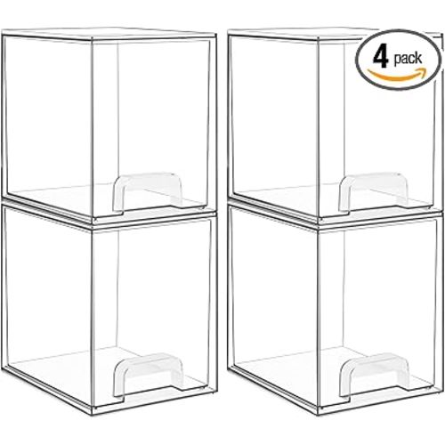Vtopmart 7.6" H Clear Stackable Storage Drawers, 4 Pack Plastic Organizers Bins for Skincare, Cosmetics,Beauty Supplies,Ideal for Vanity, Bathroom,Kitchen Countertop,Cabinet Organization
