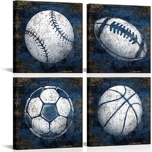 KLVOS Navy Blue Sports Wall Art Décor Basketball Baseball Soccer Football Canvas Art Prints Sport Balls Picture for Man Cave Kids Teenagers Boy Room Decor 12x12inchx4 Piece