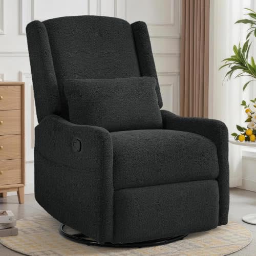 Korser Glider Recliner Rocking Chair, 360° Swivel Boucle Nursery Chair, Comfy Upholstered Recliner for Nursery, Living Room & Bedroom,Black
