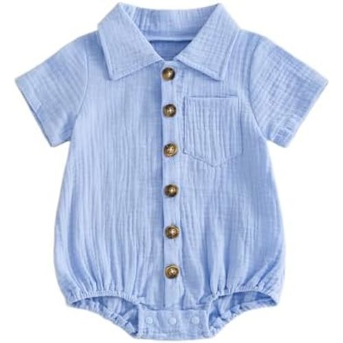 Karuedoo Infant Baby Boy Summer Clothes Muslin Button Up Shirt Bodysuit Short Sleeve Collared Bubble Romper One Piece Outfit
