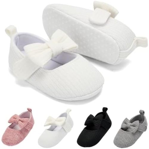 BACSAC Baby Girls Mary Jane Flats with Bow Soft Sole Non-Slip Crib Shoes Infant Toddler First Walkers Princess Dress Shoes