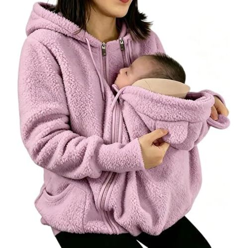 Pocket Jacket, Sweatshirt Hoodie with Pouch, Loose-Fitting ZipUp Sweatshirt, Windproof Warm Outerwear for CarryingBaby