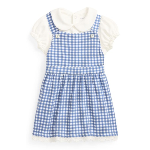 Kids' Polo Collar Cotton Romper & Gingham Pinafore Dress Set
