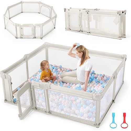 Sweeby Foldable Playpen, Gate for Babies and Toddlers 79x71 Extra Large Play Yard With Door, Fence With Mat and Indoor Play Pen, Light Khaki