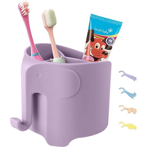 Kids Toothbrush Holder, Cute Elephant Toothbrush Holders for Toddler, Toothbrush Toothpaste Holder for Bathroom, Toothbrush Organizer with 3 Slots and a Hook, Light Purple