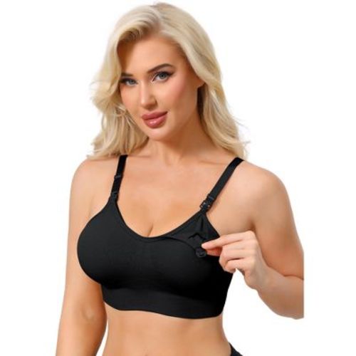 INSPIRE CHIC Women's Maternity Full Coverage Adjustable Buckled Straps Postpartum Nursing Bra V-Neck Wireless Bralettes Small Black