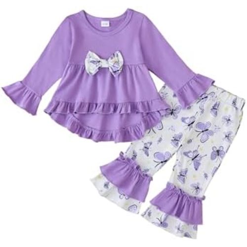 Kucnuzki Toddler Baby Girl Clothes Long Sleeve Shirt Ruffle Soft Tops Bell Bottom Long Pants Fall Winter 2 Piece Outfits