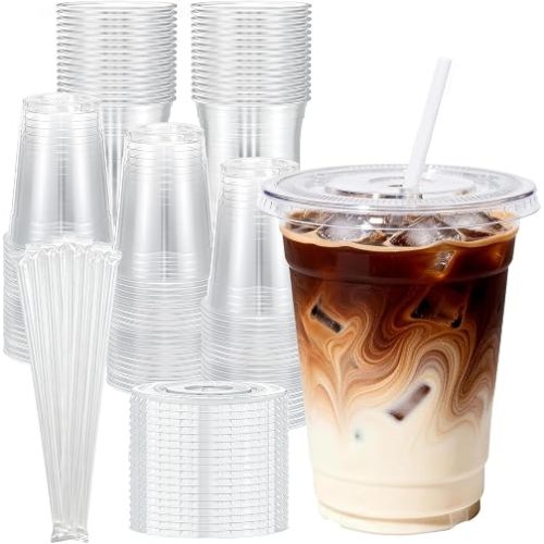 Plastic Cups with Lids and Straws：𝟏𝟎𝟎 𝐏𝐚𝐜𝐤 𝟏𝟔 𝐨𝐳 Clear Disposable iced coffee cups with lids,BPA-Free Break Resistant & Heavy Duty for Smoothies, Juice, Soda & Party To Go