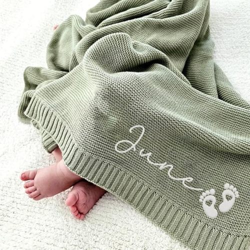 Noni Luxury Personalized Name Baby Blanket, Embroidered Name Baby Blanket, Soft Breathable Cotton Knit Baby Blanket, Newborn Baby Gift, New Mom Gifts, Newborn Baby Girl & Boy Gift, Full, Style 2