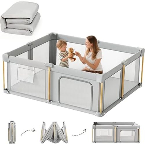 Foldable Baby Playpen with Mat, 79x71 Foldable Play Pen for Babies and Toddlers, Baby Playpen with Portable Design, Collapsible Play Yard for Fence Indoor and Outdoor