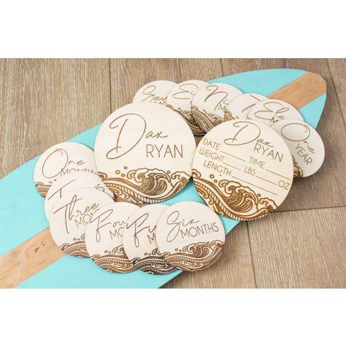 Engraved Wooden Baby Milestone Markers: Beach Waves Newborn Announcement