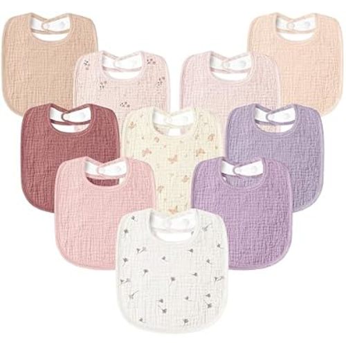 Susurration Muslin Baby Drool Bibs 10Pack Soft Square Adjustable Bandana Bibs for Unisex Baby Girls & Boys