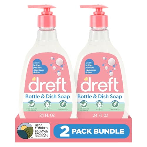 Dreft Baby, Bottle and Dish Soap, Removes Milk Film & Odor, Plant Based, Fragrance Free, Travel Size Bottles, 24 Fl Oz (Pack of 2)