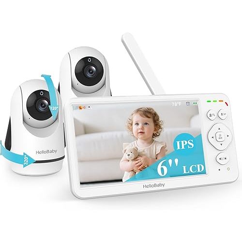 HelloBaby 6” Video Baby Monitor with 2 Cameras - Double Cameras No WiFi, 4000mAh 30H Battery, 2-Way Audio,Pan-Tilt-Zoom, Auto Night Vision,ECO/VOX Mode,1000ft Range, Temperature Monitoring,8 Lullabies