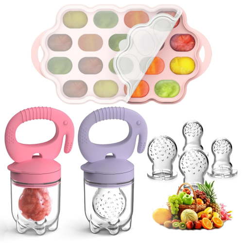 Silicone Baby Fruit Feeder & Breastmilk Popsicle Molds Freezer Tray with Lid, 2 Pack Baby Food Feeder to Teething Relief, Introduce New Foods, Self Feeding, Includes 6 Food Pacifiers (Purple+Pink)