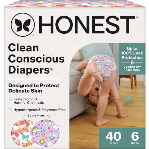The Honest Company Clean Conscious Diapers for Delicate Skin | Up to 100% Leakproof | Hypoallergenic, Fragrance Free | Girl Prints | Club Box, Size 6 (35+ lbs), 40 Count (Prints May Vary)