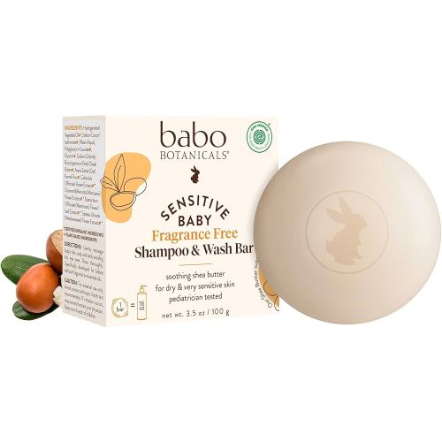 Babo Botanicals Sensitive Baby Fragrance-Free 2-in-1 Shampoo & Wash Bar - Shea Butter, Calendula & Aloe Vera - EWG Verified - Cruelty-Free - Vegan - Pediatrician Tested - For Babies & Kids
