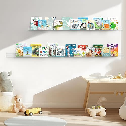 HBlife 48 Inches Invisible Wall Floating Bookshelf for Kids and Nursery, Clear Acrylic Shelves for Figures, 16 Inch Stud Spacing Long Large Picture Ledge Shelf for Photo Frames, 2 Pack (5MM Thick)