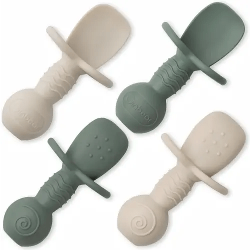 Ginbear Platinum Silicone Baby Spoons Self Feeding 6 Months First Stage, Non Toxic Infants Led Weaning Utensils for Training, Soft BLW Supplies Pack of 4 (Dark Sage/Ivory)