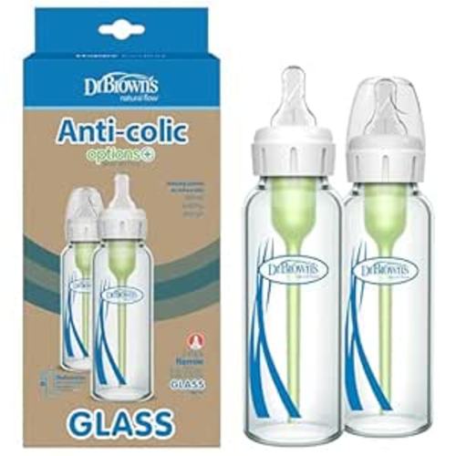 Dr. Brown's Anti-Colic Options+ Narrow Glass Baby Bottle with Level 1 Slow Flow Nipple, BPA-Free, 8 oz/250 mL, 0m+, 2-Pack (Packaging May Vary)