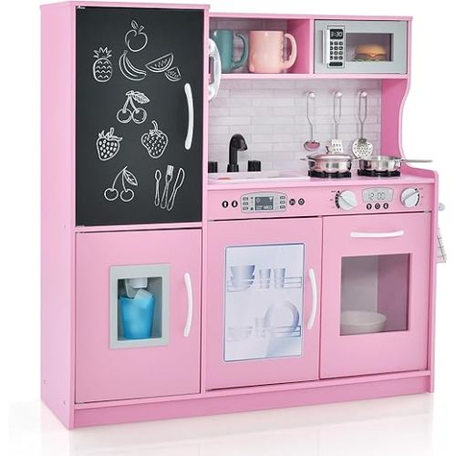 MAT EXPERT Kids Kitchen Playset, Wooden Chef Pretend Toy Kitchen w/Chalkboard, Ice Maker, Cookware Accessories, Telephone, Oven, Microwave, Play Kitchen for Toddlers, Gift for Boys Girls 3+ (Pink)