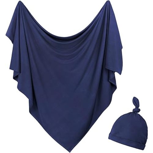 OWLOWLA Newborn Swaddle Set Stretch Wrap Swaddle Receiving Blanket for Baby Boy Girl(Navy Blue)