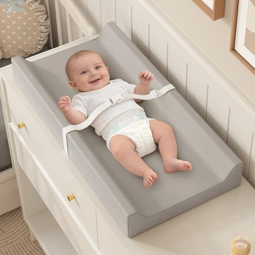 YACODAVO Wipeable Baby Changing Pad for Dresser and Table, Cozy Diaper Changing Pad with Waterproof & Wipe-Clean Leather Cover, Grey